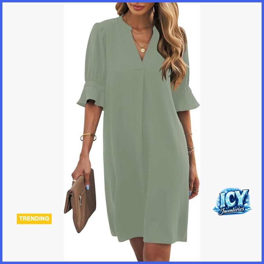 Polyester Shift Dress V Neck Short Sleeves Casual Flowy Summer
